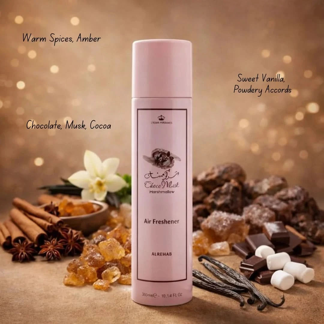 Al Rehab Choco Musk Marshmallow air freshener 300ml bottle with chocolate and marshmallow scent on a white background