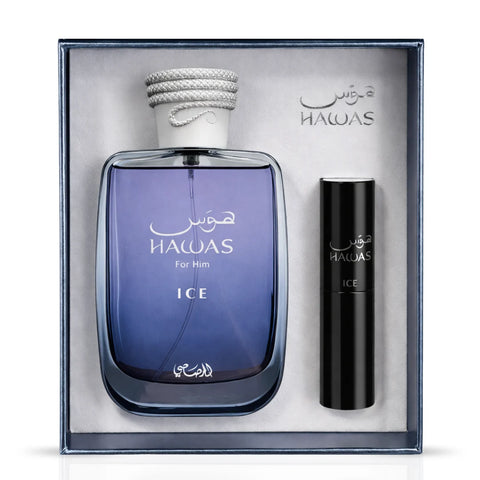 Hawas Ice 2-piece perfume travel gift set by Rasasi, includes two small spray bottles with sleek packaging.