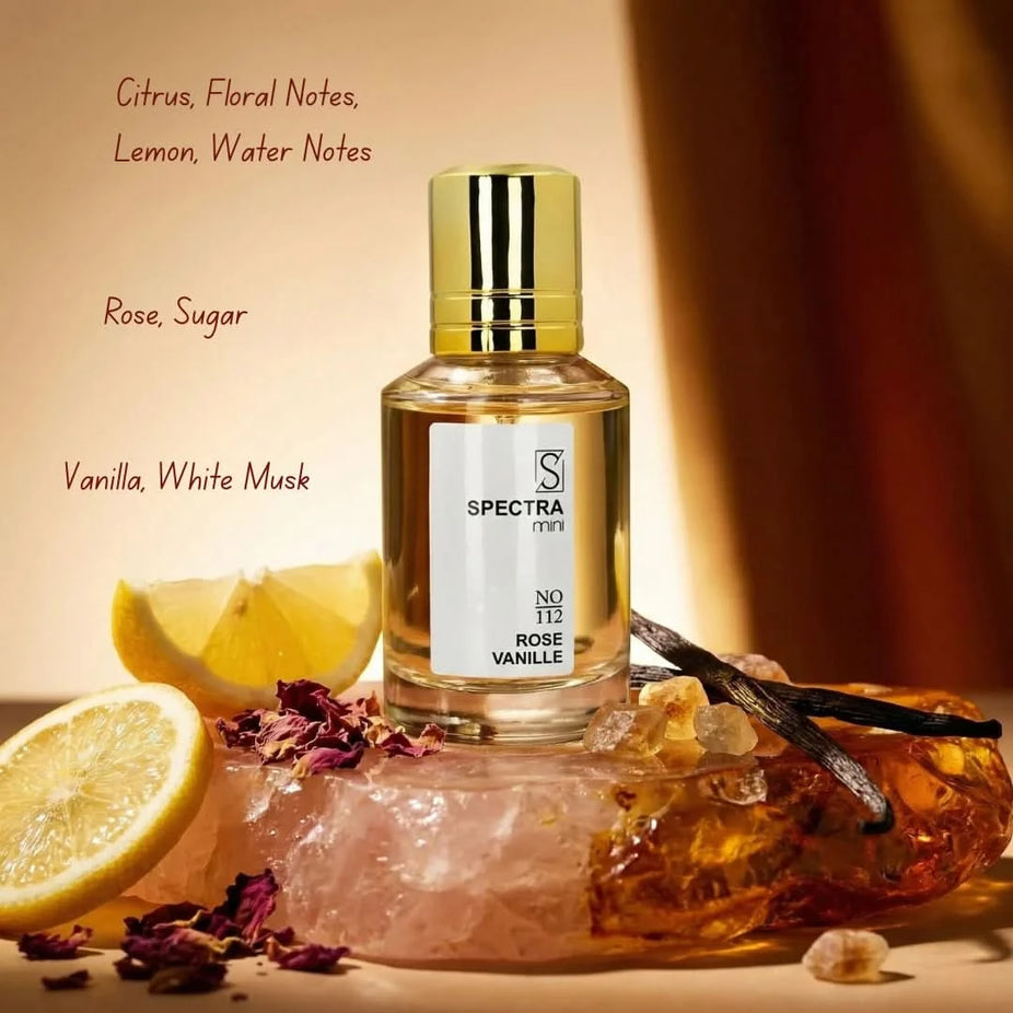 Spectra Mini Rose Vanille No. 112 Eau De Parfum spray 25ml with elegant pink and gold packaging, floral and vanilla scent.