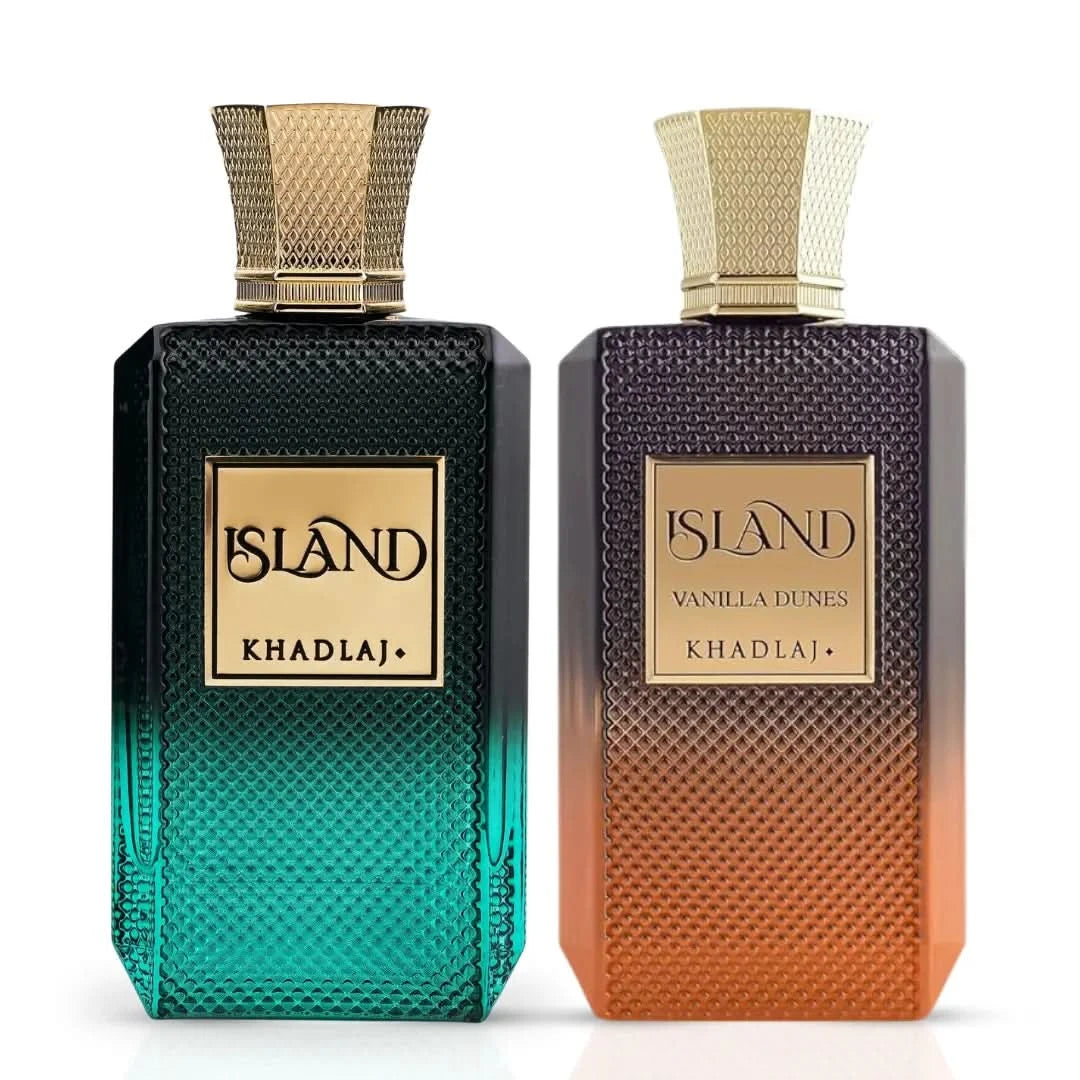 Khadlaj Island & Island Vanilla Dunes Eau de Parfum Spray bundle, 100ml bottles, featuring floral and vanilla fragrance elements.
