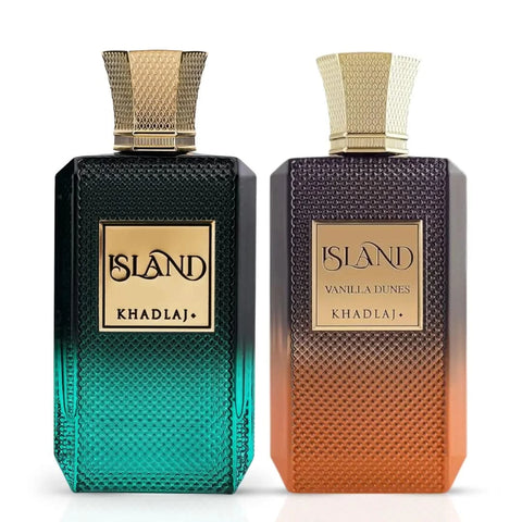 Khadlaj Island & Island Vanilla Dunes Eau de Parfum Spray bundle, 100ml bottles, featuring floral and vanilla fragrance elements.