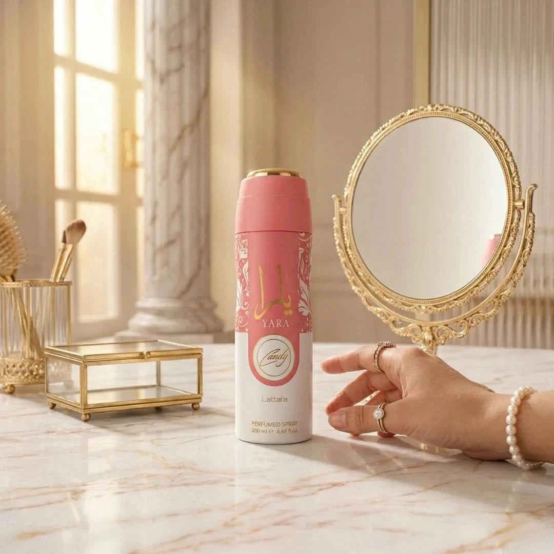 Lattafa Yara Candy Deodorant Spray 200ml, stylish bottle with pink and white floral design, suitable for freshening up.