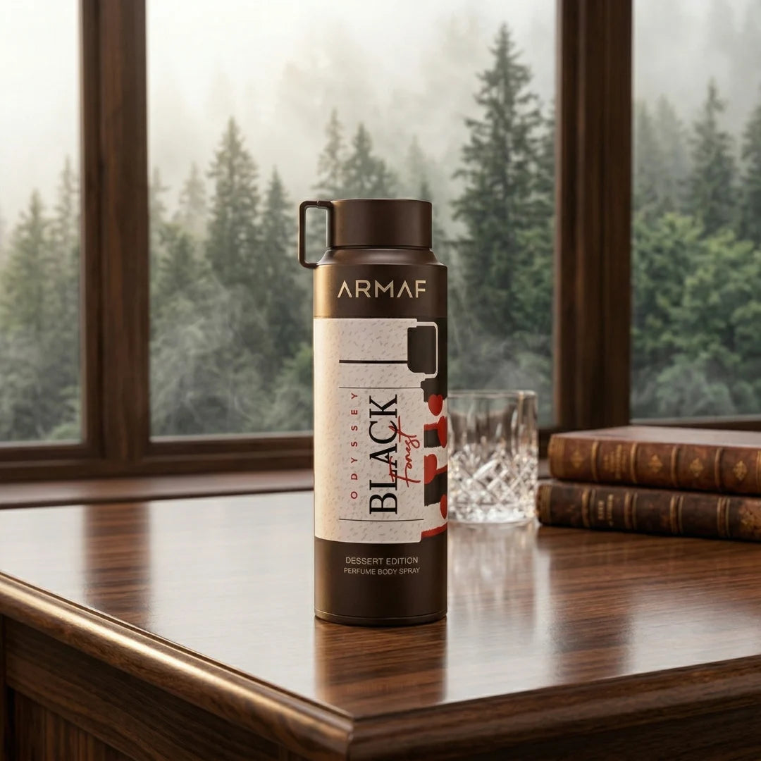 Odyssey Black Forest perfumed body spray by Armaf in 200ml bottle, featuring dark, elegant packaging with a sleek black design.