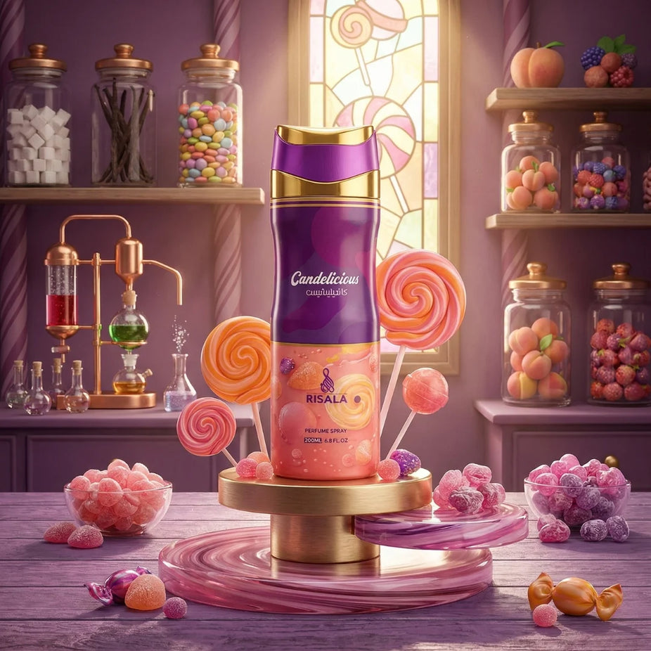 Risala Candelicious perfumed body spray 200ml deodorant bottle with floral and citrus scent design