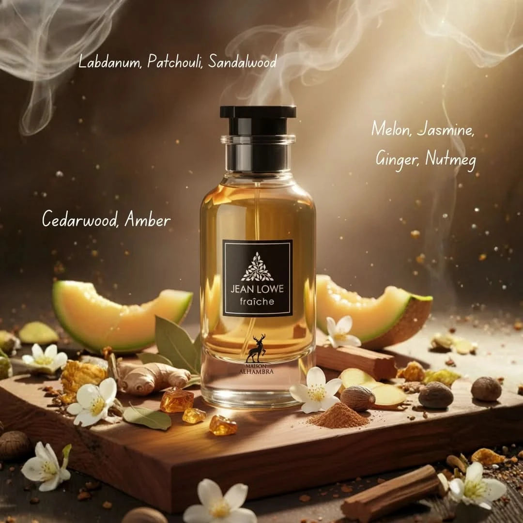 Maison Alhambra Jean Lowe Fraiche Eau de Parfum spray 100ml with velvet pouch, floral and fresh scent in elegant bottle