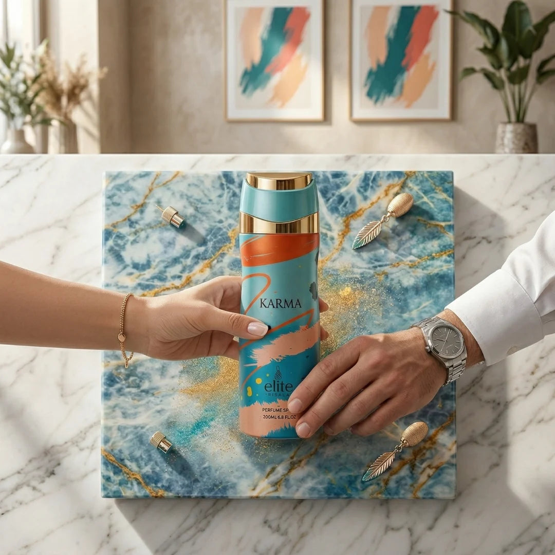 Elite Risala Karma Body Spray 200ml deodorant bottle with sleek design, suitable for refreshing and long-lasting scent.