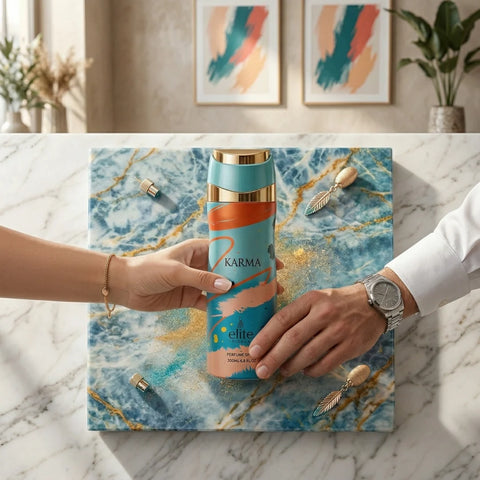 Elite Risala Karma Body Spray 200ml deodorant bottle with sleek design, suitable for refreshing and long-lasting scent.