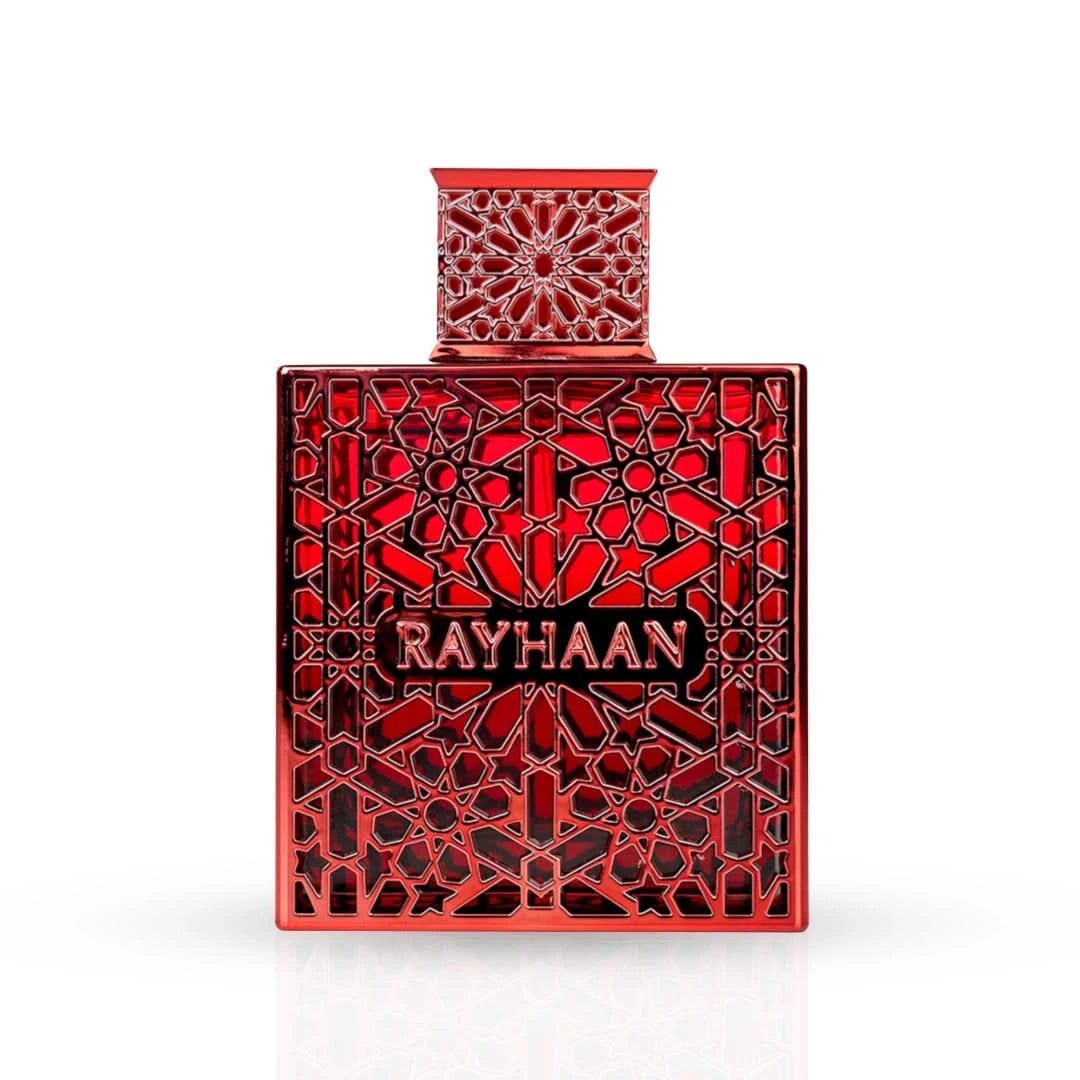 Rayhaan Crimson Eau de Parfum spray 100ml, featuring a sleek bottle with vibrant crimson design, by Rayhaan.