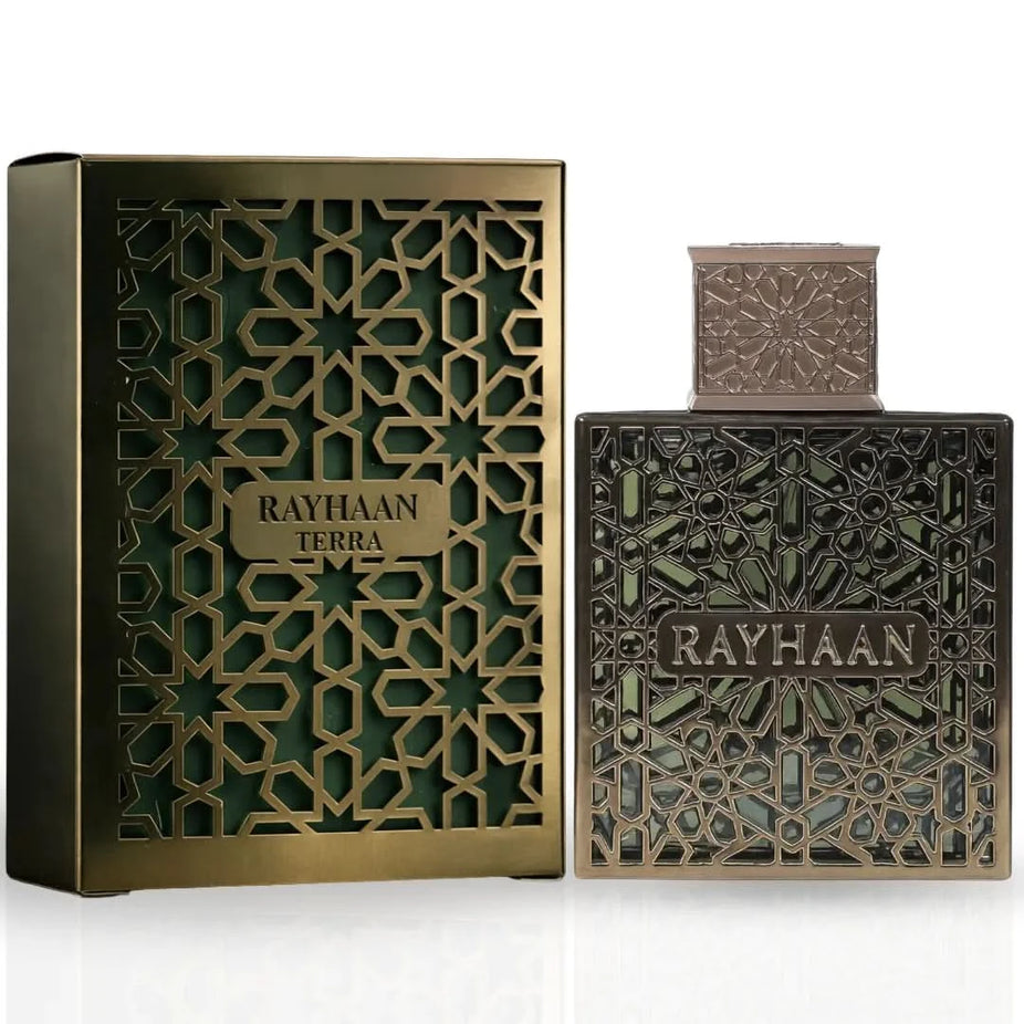 Rayhaan Terra Eau de Parfum spray bottle, 100ml, with sleek design and floral notes, by Rayhaan.
