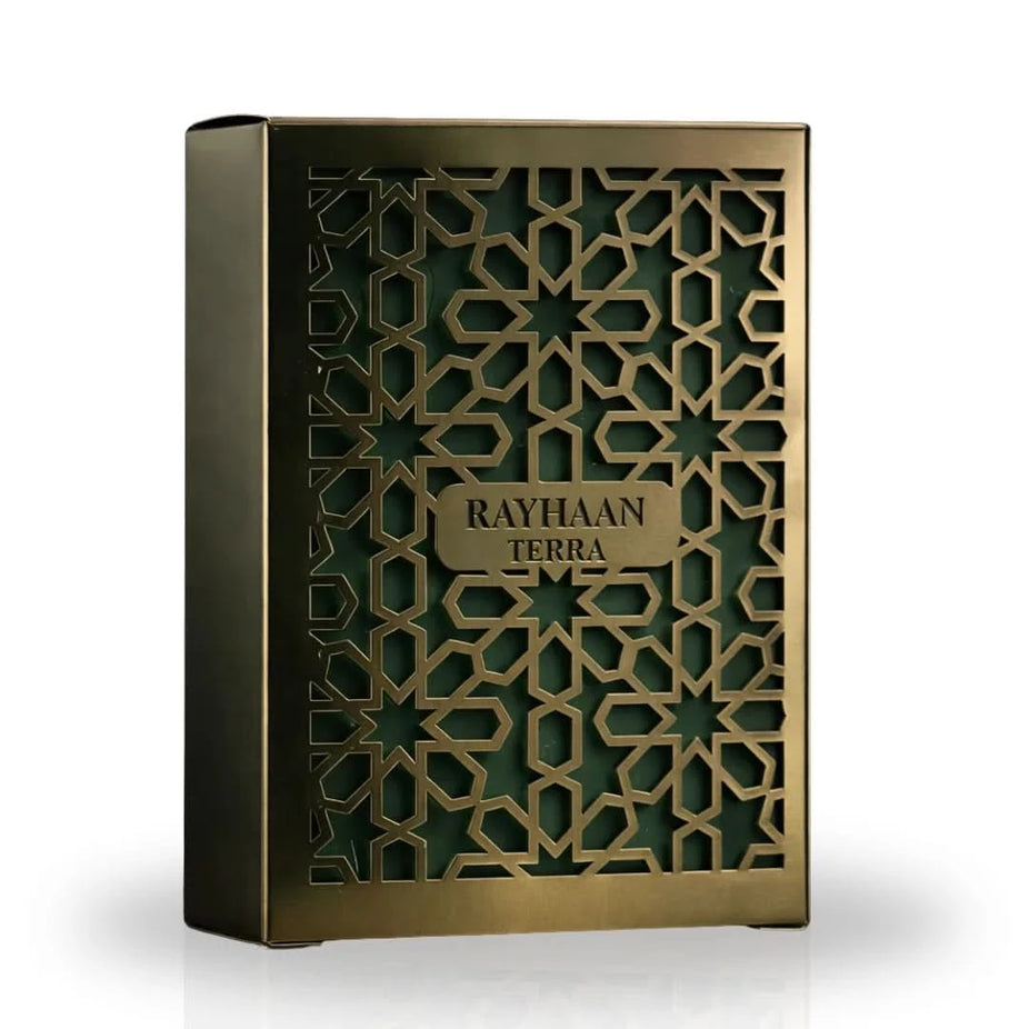 Rayhaan Terra Eau de Parfum spray 100ml, featuring a sleek bottle design with earthy tones and elegant branding.