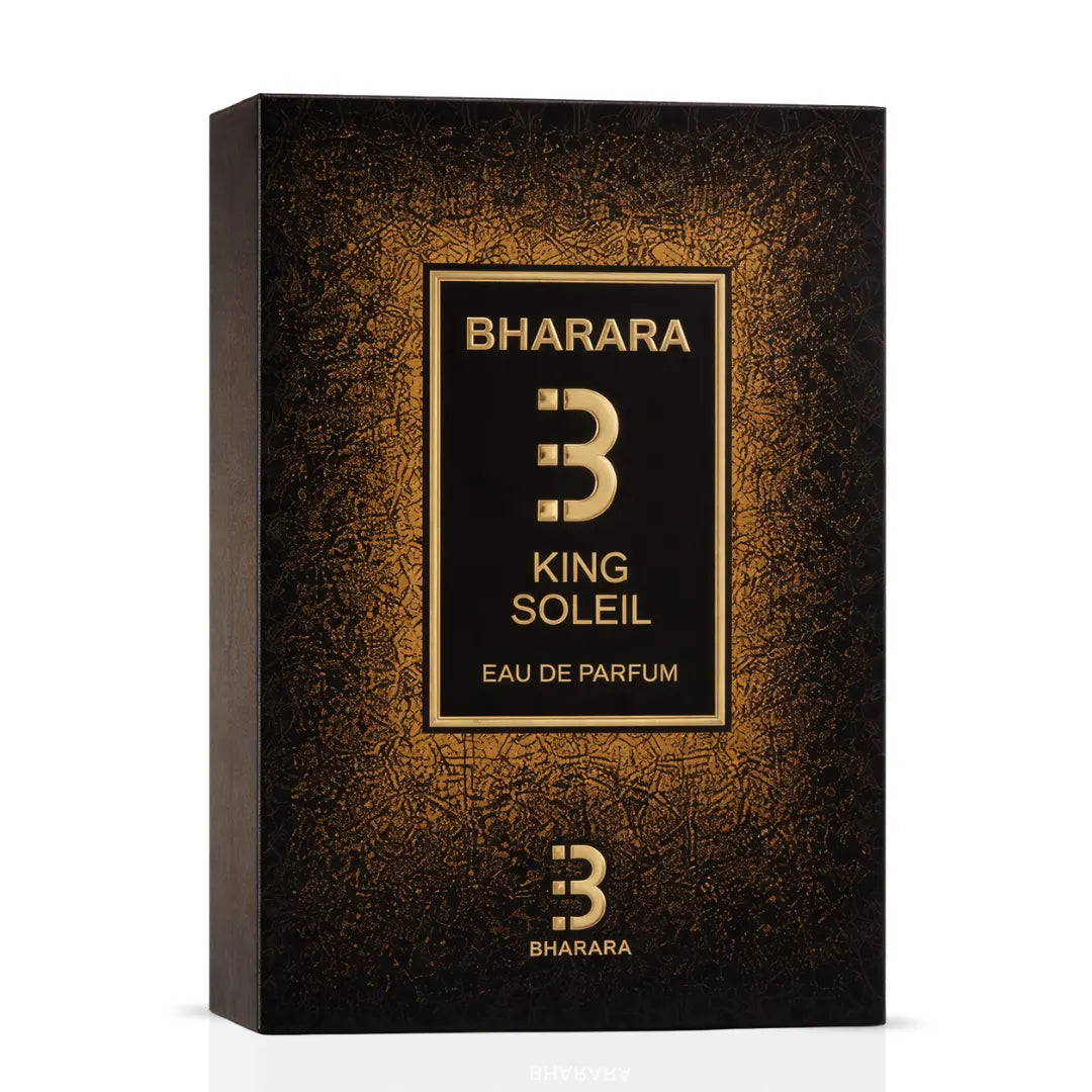 Bharara King Soleil Eau de Parfum spray 100ml bottle with sleek black and gold design, elegant and luxurious fragrance presentation.