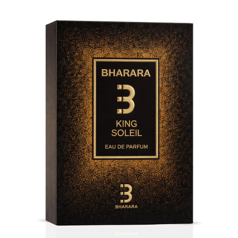 Bharara King Soleil Eau de Parfum spray 100ml bottle with sleek black and gold design, elegant and luxurious fragrance presentation.