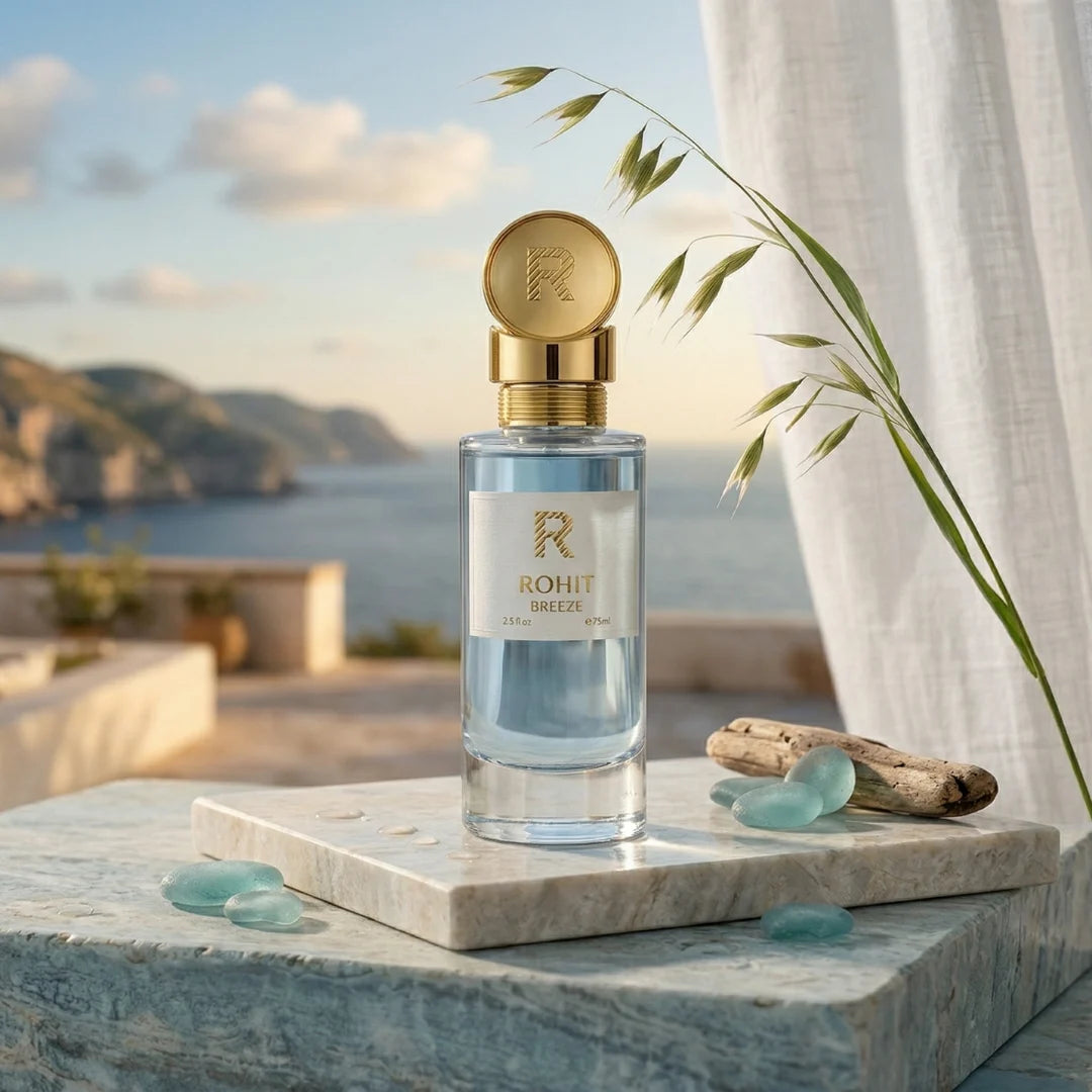 Rohit Breeze Eau de Parfum spray by Bharara, 75ml bottle with elegant design, showcasing the fragrance’s fresh and floral notes.