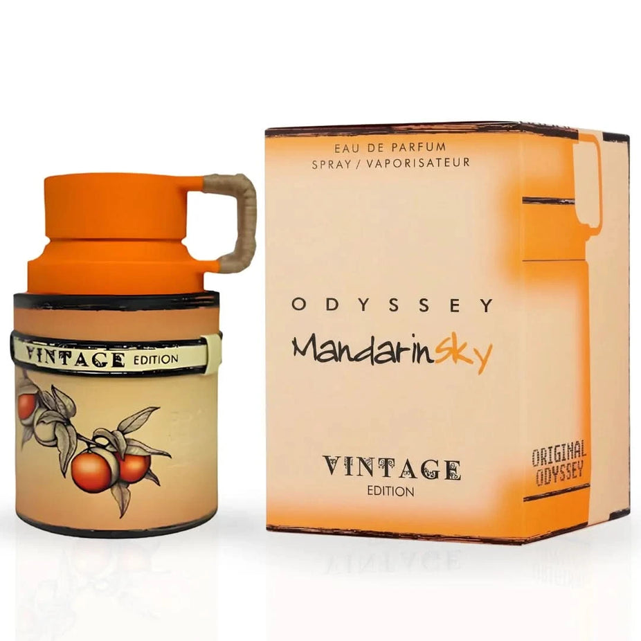 Odyssey Mandarin Sky Vintage Edition Eau de Parfum spray by Armaf, 100ml, featuring a sleek bottle with citrus and floral notes.