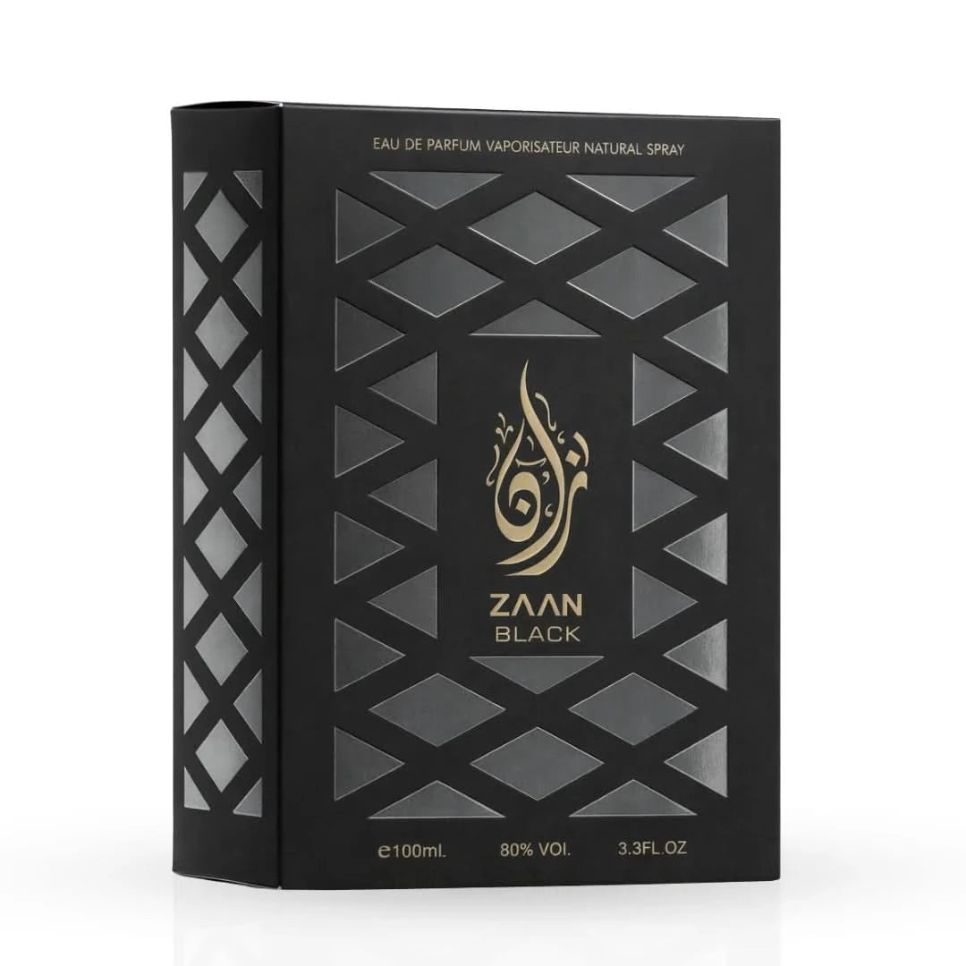 Aura Fragrances Zaan Black Eau De Parfum spray bottle, 100ml, with sleek black design and elegant fragrance packaging.