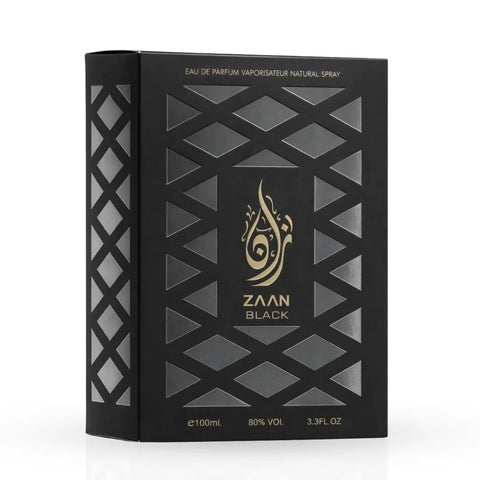 Aura Fragrances Zaan Black Eau De Parfum spray bottle, 100ml, with sleek black design and elegant fragrance packaging.