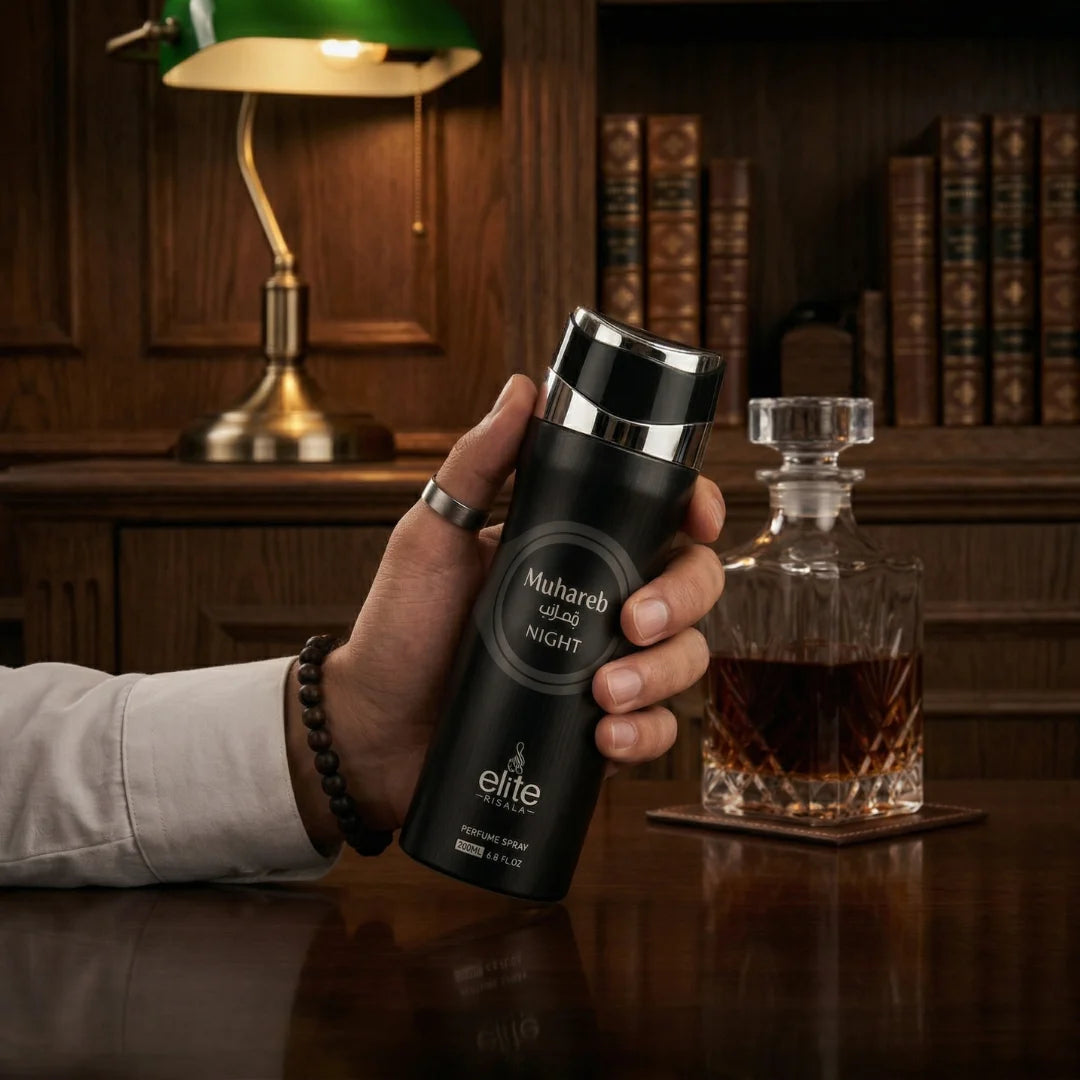 Muhareb Night Body Spray by Elite Risala in 200ml bottle, featuring a sleek design and dark packaging for men’s deodorant.