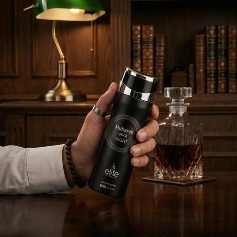 Muhareb Night Body Spray by Elite Risala in 200ml bottle, featuring a sleek design and dark packaging for men’s deodorant.