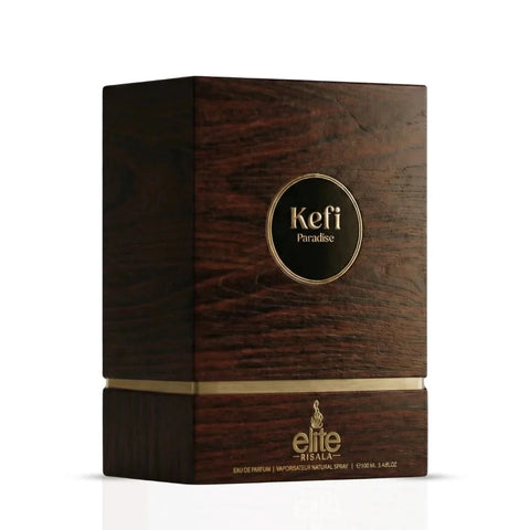 Elite Risala Kefi Paradise Eau de Parfum spray 100ml bottle, elegant design, showcasing the fragrance and branding.