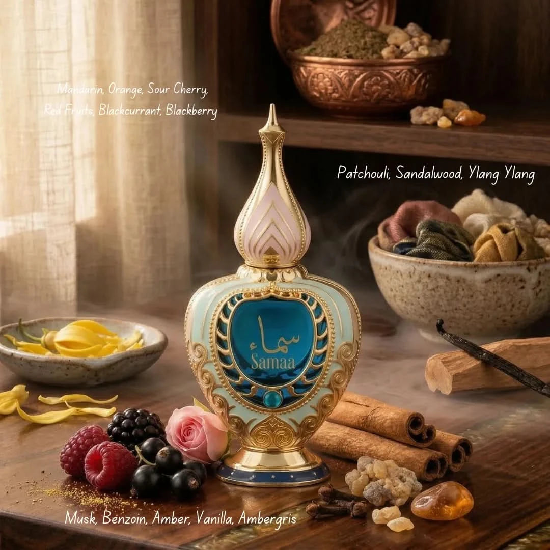 Hamidi Samaa Concentrated Perfume Oil 20ml bottle with elegant packaging and floral scent details.