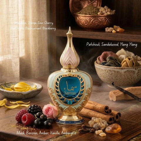 Hamidi Samaa Concentrated Perfume Oil 20ml bottle with elegant packaging and floral scent details.
