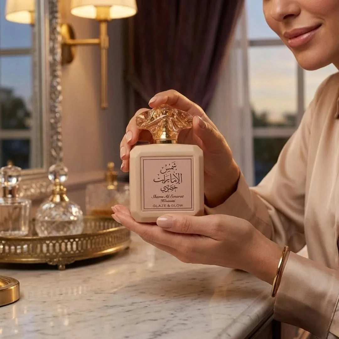 Ard Al Zaafaran Shams Al Emarat Khususi Glaze & Glow Eau de Parfum spray in 100ml bottle with velvet pouch.
