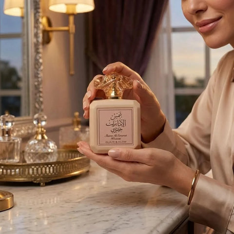 Ard Al Zaafaran Shams Al Emarat Khususi Glaze & Glow Eau de Parfum spray in 100ml bottle with velvet pouch.