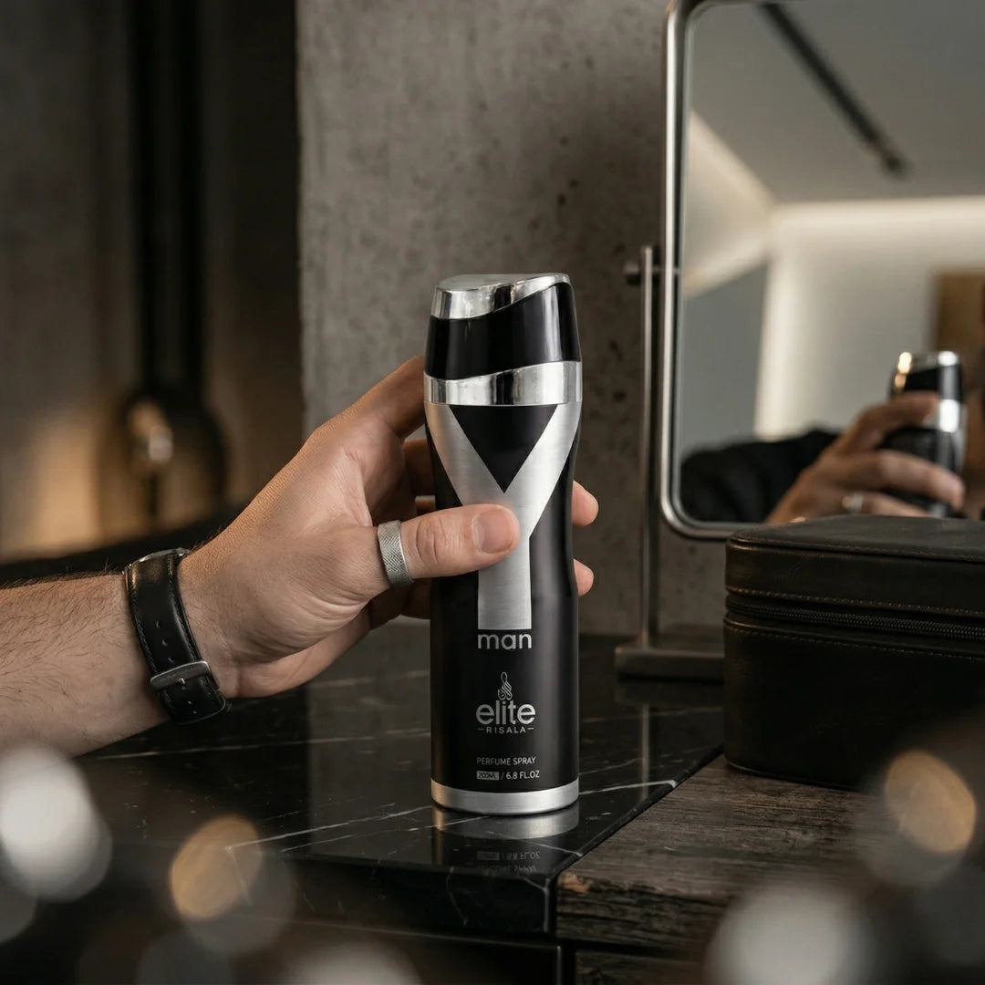 Elite Risala Yman Body Spray 200ml deodorant bottle, featuring sleek design and spray nozzle for freshening up.