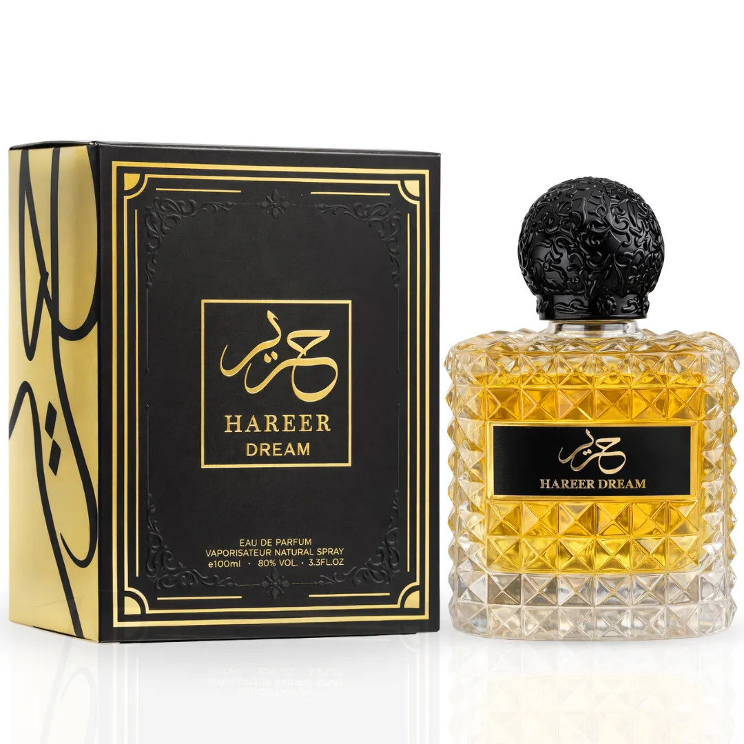 Aura Fragrances Hareer Pink Eau De Parfum Spray, 100ml, featuring rose and dream scent in elegant packaging.