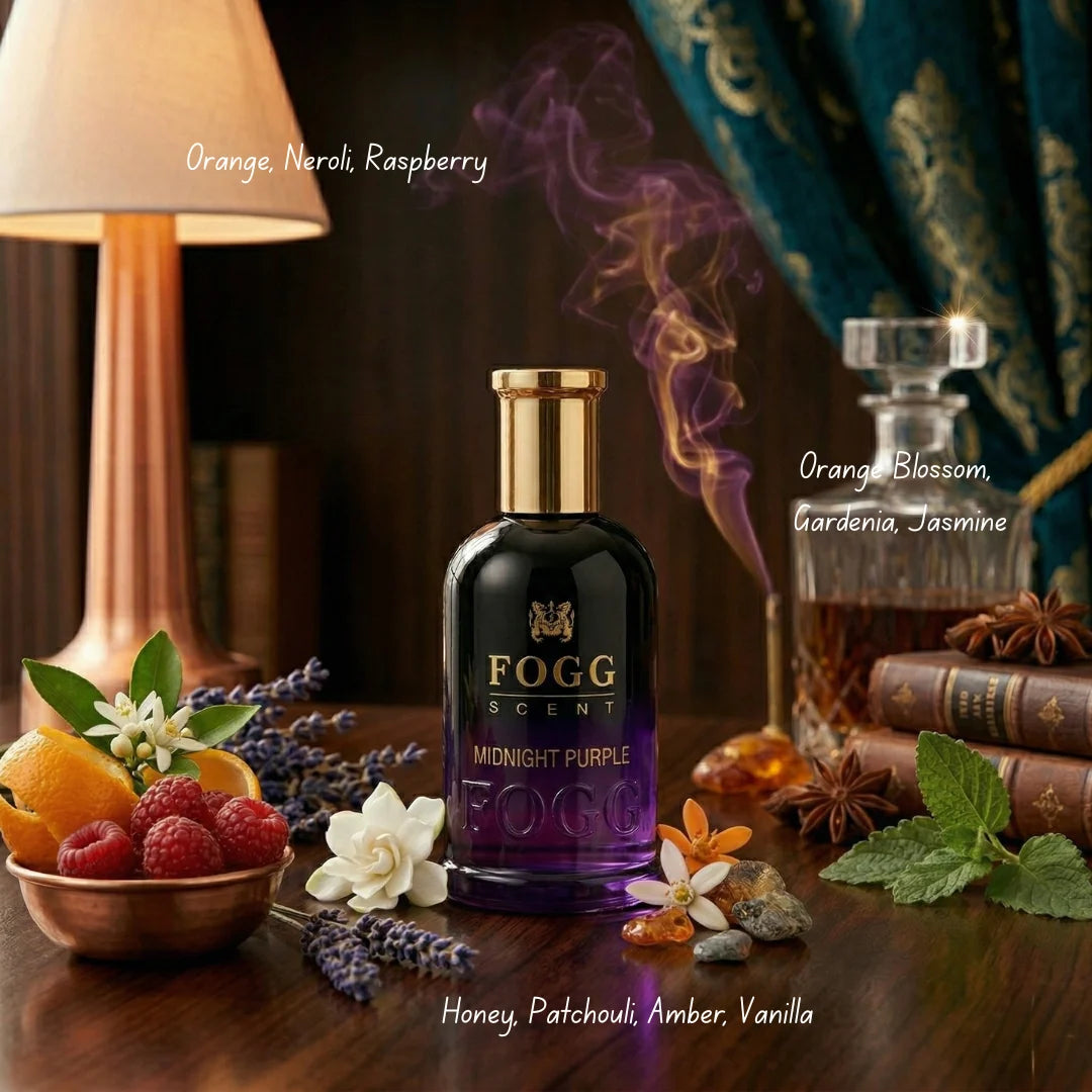 Midnight Purple for Women Eau de Parfum spray by Fogg, 100ml, featuring a sleek purple bottle and elegant floral design.