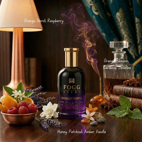 Midnight Purple for Women Eau de Parfum spray by Fogg, 100ml, featuring a sleek purple bottle and elegant floral design.