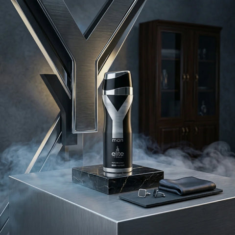 Elite Risala Yman Body Spray deodorant in 200ml bottle with a sleek design, perfect for refreshing and deodorizing.