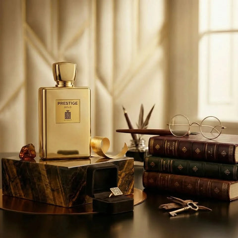 Aura Fragrances Prestige Gold Eau De Parfum Spray 100ml bottle with elegant gold cap and sleek design.