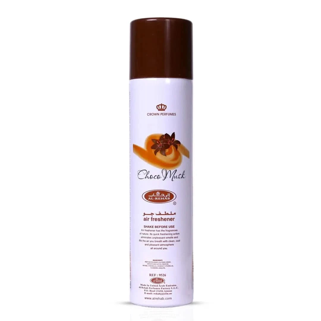 Al Rehab Choco Musk air freshener bundle including marshmallow and pistachio scents in 300ml bottles, with colorful packaging.