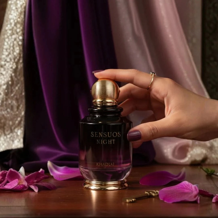 Khadlaj Sensuos Night Eau de Parfum spray 100ml, elegant bottle with dark floral design, representing a luxurious fragrance.