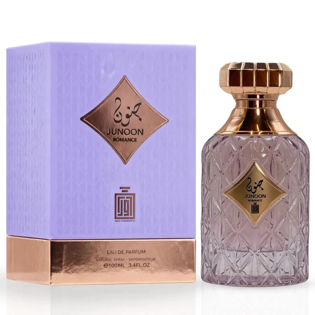 Aura Fragrances Junoon Romance Eau De Parfum spray 100ml bottle with elegant design and floral accents on the packaging.