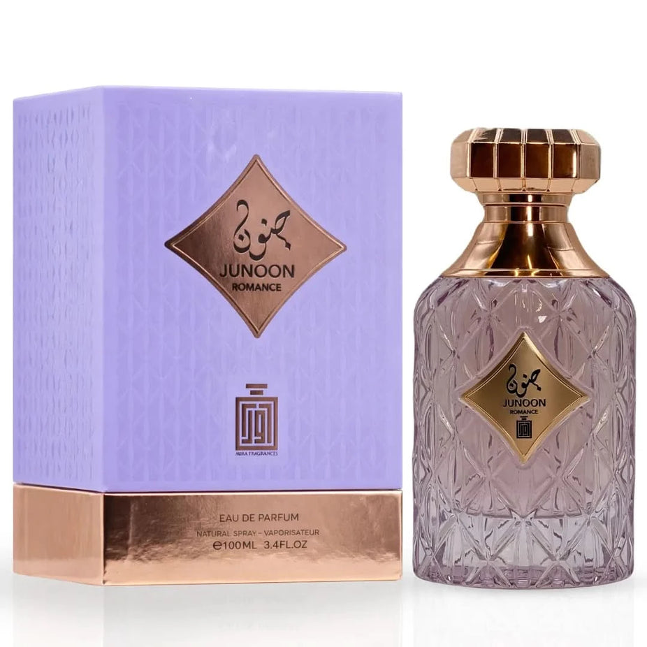 Junoon Romance Eau De Parfum spray by Aura by Aura, 100ml bottle with elegant packaging and floral fragrance details.