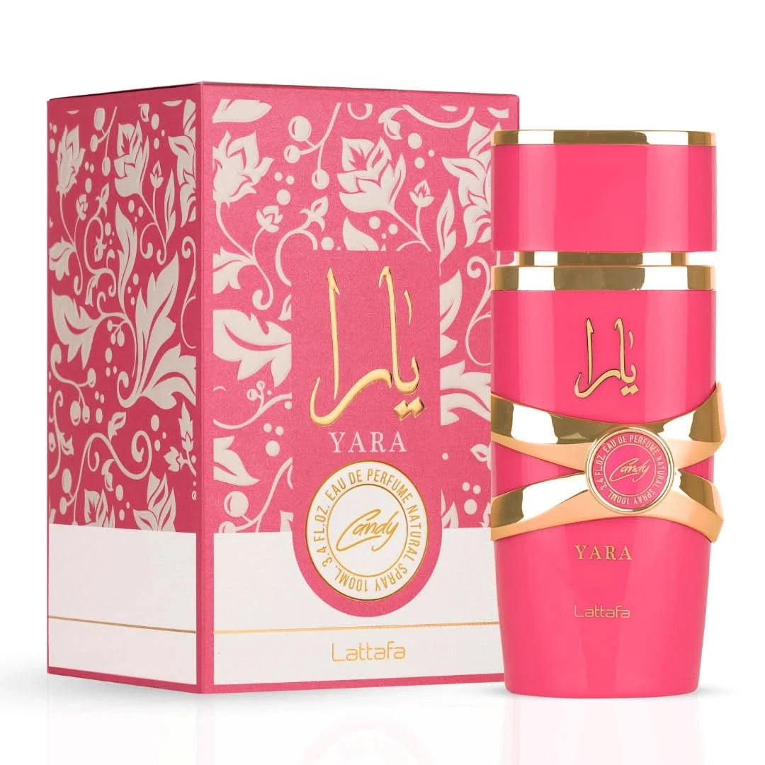 Lattafa Yara Candy Eau de Parfum spray and Ard Al Zaafaran Pink Blush Shams Al Emarat roll-on perfume oil bundle, elegant fragrance duo