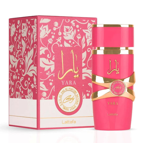Lattafa Yara Candy Eau de Parfum spray and Ard Al Zaafaran Pink Blush Shams Al Emarat roll-on perfume oil bundle, elegant fragrance duo