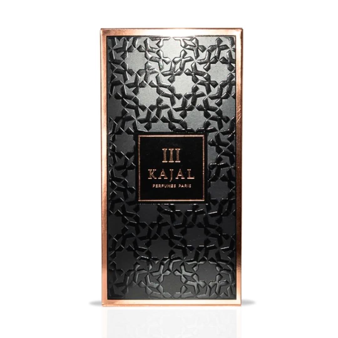 Kajal III Eau de Parfum spray bottle, 100ml, featuring elegant packaging and the fragrance in a clear glass bottle.