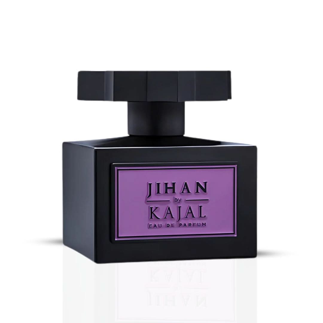 Kajal Jihan Eau de Parfum spray 100ml bottle, elegant fragrance with floral and woody notes, displayed on a white background.