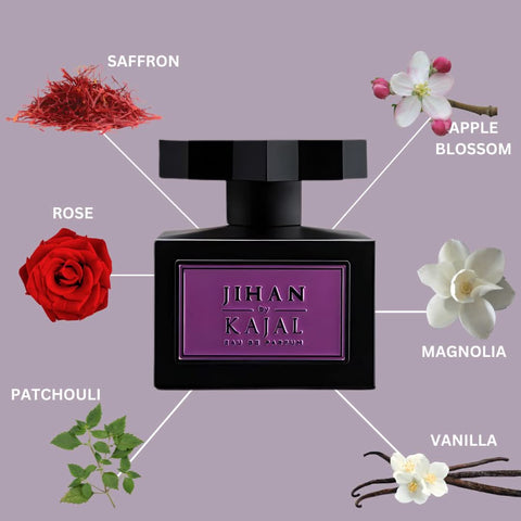 Kajal Jihan Eau de Parfum Spray 100ml bottle, elegant design, showcasing the fragrance for women.