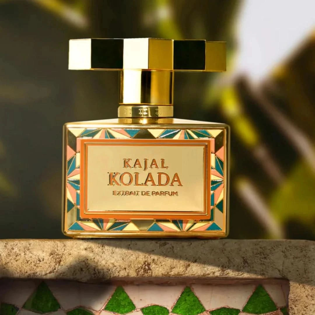 Kajal Kolada Extrait de Parfum Spray 100ml with gold accents, elegant EDP bottle showcasing luxurious fragrance design.