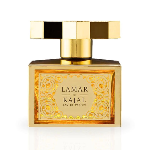 Kajal Lamar Eau de Parfum spray bottle, 100ml, with elegant glass design and floral fragrance details.