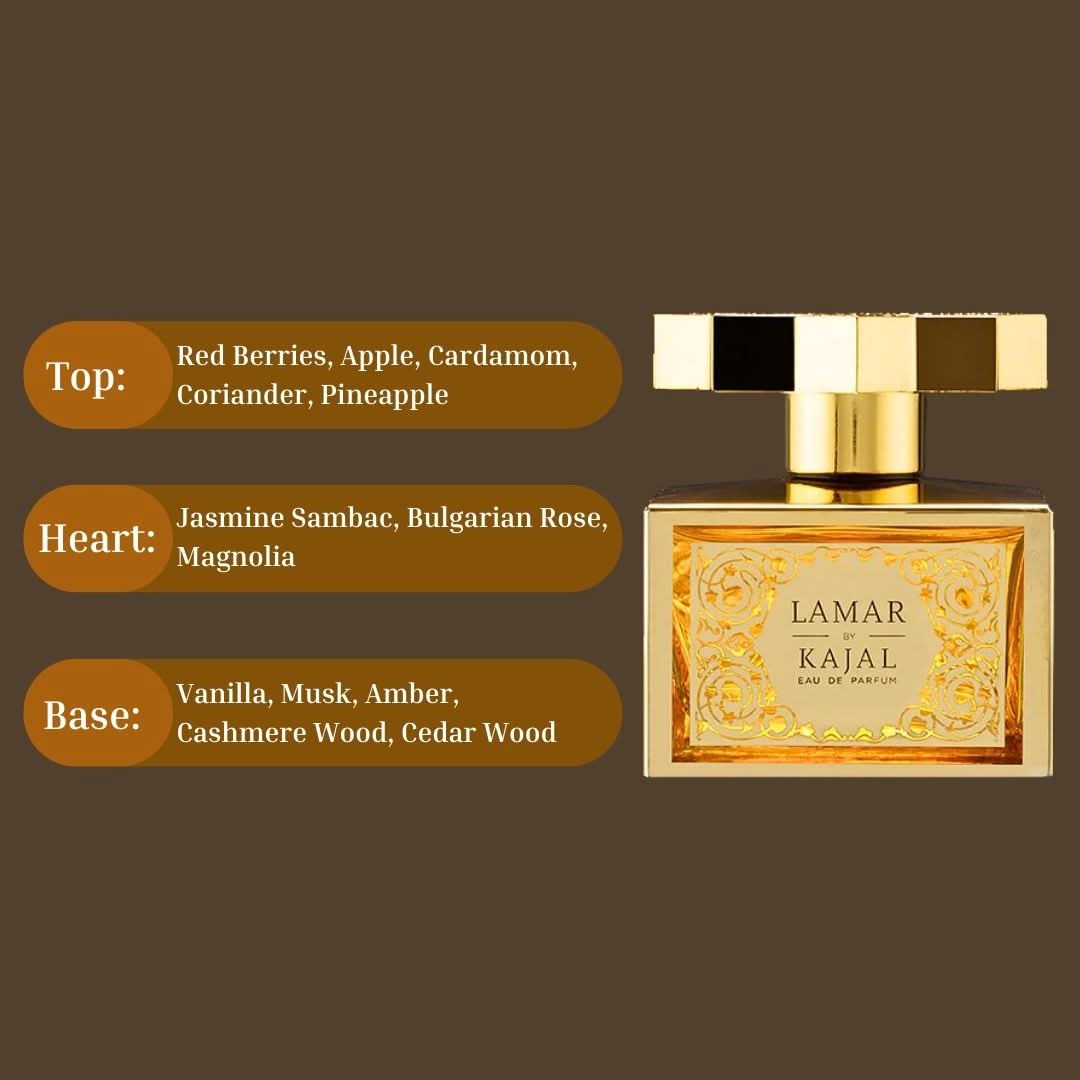 Kajal Lamar Eau de Parfum spray 100ml bottle with packaging, elegant glass perfume bottle with gold accents.
