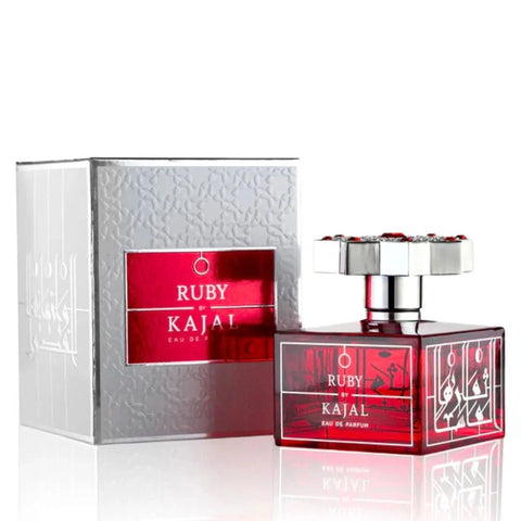 Kajal Ruby Eau de Parfum Spray 100ml bottle, elegant design, showcasing the luxurious fragrance and branding.