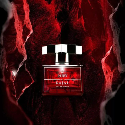 Kajal Ruby Eau de Parfum Spray 100ml bottle, elegant glass container with a gold cap and ruby red accents.