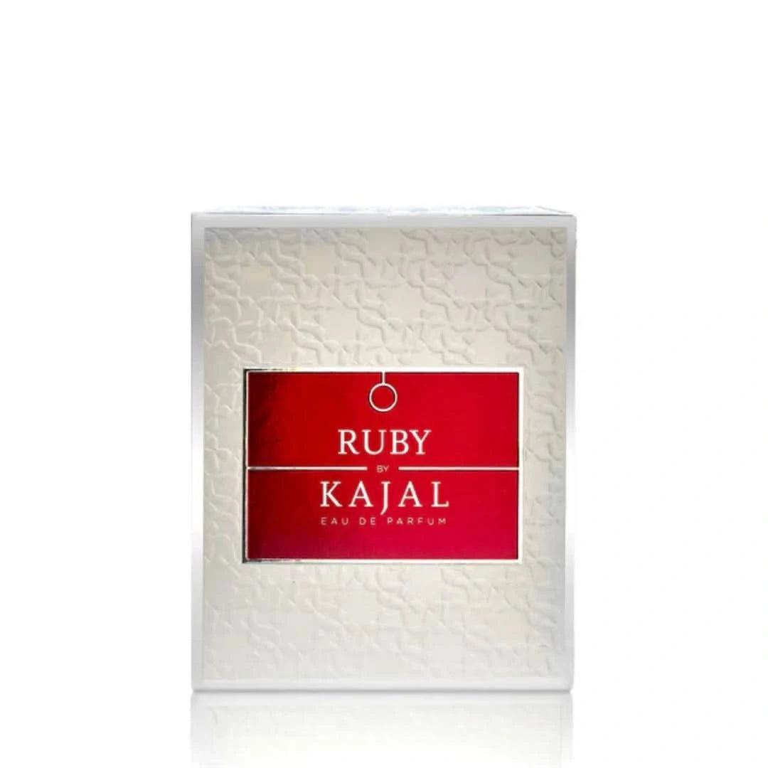 Kajal Ruby Eau de Parfum spray 100ml, elegant fragrance bottle with a rich, ruby-colored design and sleek cap.