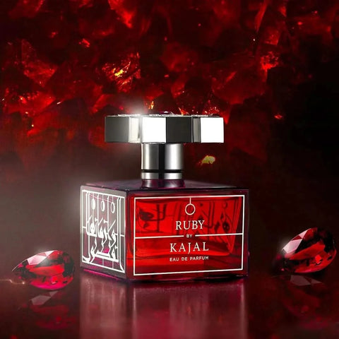 Kajal Ruby Eau de Parfum Spray 100ml bottle, elegant floral fragrance with ruby-red accents, showcased on a neutral background.