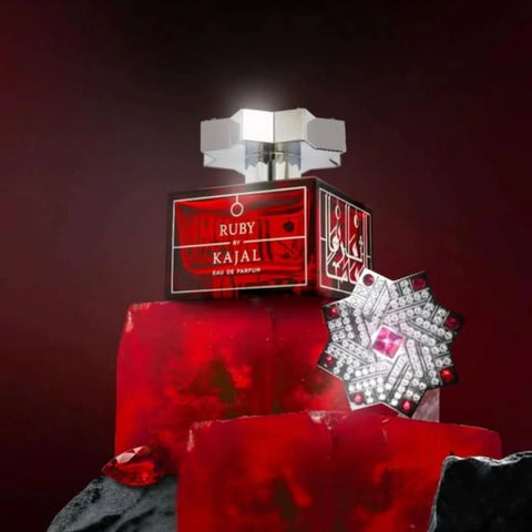 Kajal Ruby Eau de Parfum Spray 100ml bottle, elegant design, showcasing the luxurious fragrance and branding.